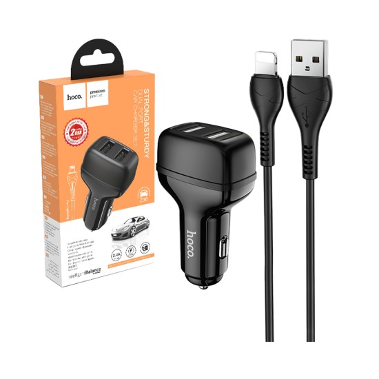 Hoco Z36 Leader Car Charger Dual Port Lightning Cable Set 1m Black